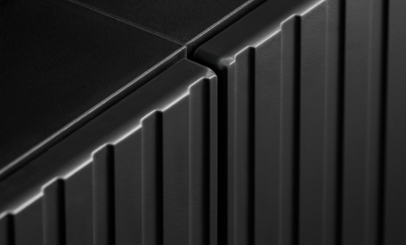 Set mobila living, 300 cm lungime, mdf/pal negru/stejar, usi mdf caneluri, usi cu deschidere push open, vitrina sticla cu led , comoda tv si 3 corpuri suspendate [2]