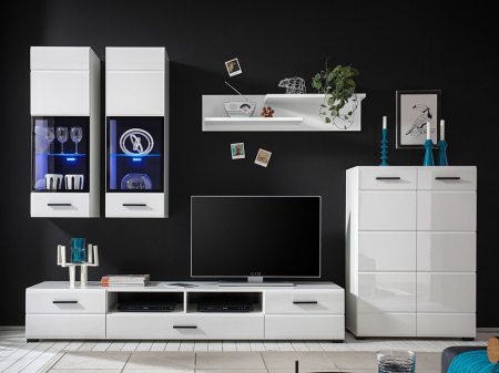 Toate Produsele - Set mobila Living , alb hdf superlucios/ alb, lumini led vitrine, 276cm lungime