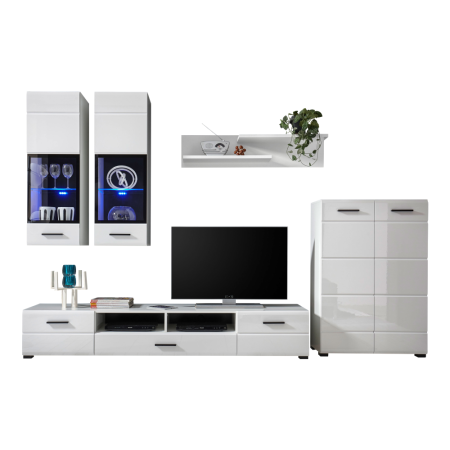 Set mobila Living , alb hdf superlucios/ alb, lumini led vitrine, 276cm lungime [1]
