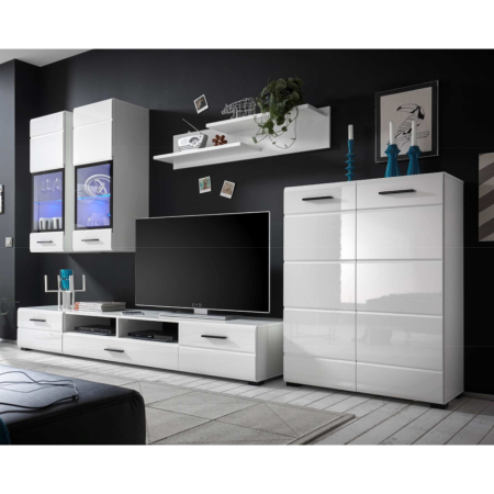 Set mobila Living , alb hdf superlucios/ alb, lumini led vitrine, 276cm lungime [5]