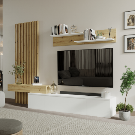 Set mobila living cu riflaj, alb/stejar artisan, 250 cm lungime, panou cu riflaj, comoda tv cu push open, raft, Bortis impex [6]