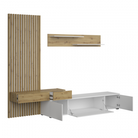 Toate Produsele - Set mobila living cu riflaj, alb/stejar artisan, 250 cm lungime, panou cu riflaj, comoda tv cu push open, raft, Bortis impex