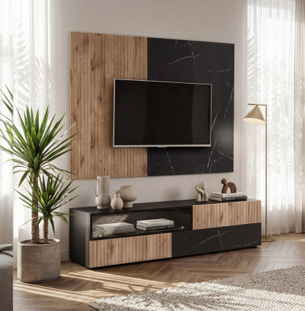 Living - Set mobila living/mobilier sufragerie/camera de zi, comoda tv, 160 cm lungime, deschidere usi push open prin apasare, pal/mdf negru/stejar/marmura neagra