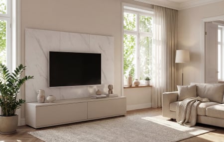 Living - Set mobila living/mobilier sufragerie/camera de zi, comoda tv, 180 cm lungime, deschidere usi push open prin apasare, pal casmir/marmura alba