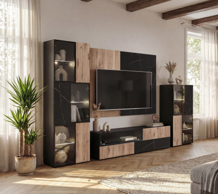 Set mobila living/mobilier sufragerie/camera de zi, deschidere usi push open prin apasare, pal/mdf negru/stejar/marmura neagra, 280 cm lungime variabila, corpuri modulare, vitrina sticla cu lumini led [7]