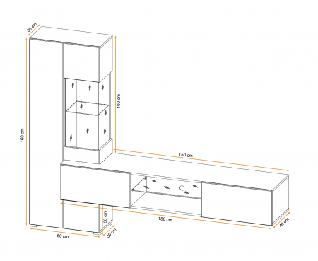 Set mobila Living moderna , 210 cm lungime, antracit inchis /stejar artisan, usi deschidere push open,  comoda tv suspendata, vitrina sticla, led lumina alba, [2]
