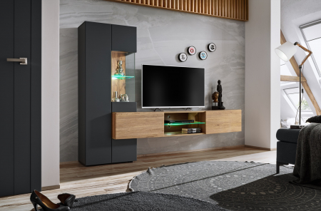 Toate Produsele - Set mobila Living moderna , 210 cm lungime, antracit inchis /stejar artisan, usi deschidere push open,  comoda tv suspendata, vitrina sticla, led lumina alba,