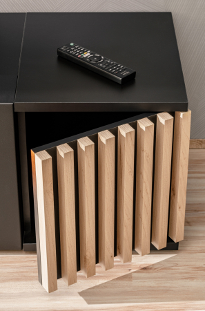 Set mobila living-sufragerie cu riflaj, negru mat/ stejar , vitrine sticla , iluminare led , 340 cm lungime, canturi abs [11]