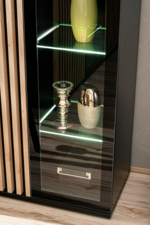 Set mobila living-sufragerie cu riflaj, negru mat/ stejar , vitrine sticla , iluminare led , 340 cm lungime, canturi abs [3]