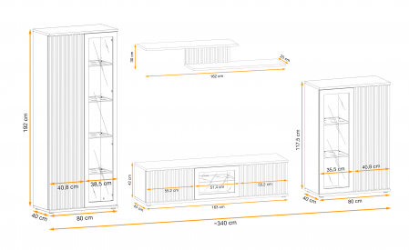Set mobila living-sufragerie cu riflaj, negru mat/ stejar , vitrine sticla , iluminare led , 340 cm lungime, canturi abs [1]