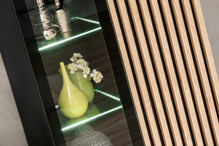 Set mobila living-sufragerie cu riflaj, negru mat/ stejar , vitrine sticla , iluminare led , 340 cm lungime, canturi abs [7]