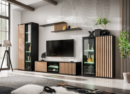 Toate Produsele - Set mobila living-sufragerie cu riflaj, negru mat/ stejar , vitrine sticla , iluminare led , 340 cm lungime, canturi abs