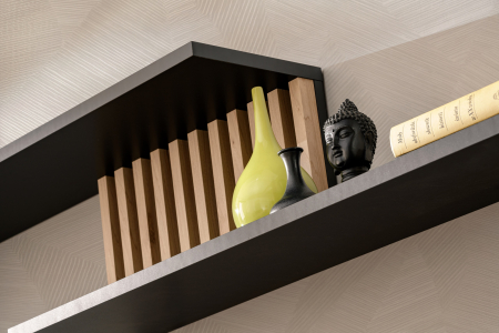 Set mobila living-sufragerie cu riflaj, negru mat/ stejar , vitrine sticla , iluminare led , 340 cm lungime, canturi abs [5]