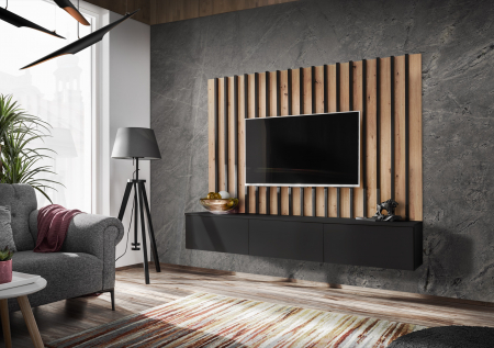 Living - Set mobila living, suspendata, prindere perete, cu riflaj inclus, usi deschidere prin apasare, stejar artisan/negru mat, 180 cm lungime, Bortis impex