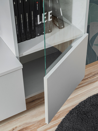 Set mobila living, suspendata, prindere perete, cu riflaj inclus, usi deschidere prin apasare, vitrina cu led, stejar artisan -lamele riflaj negre/gri mat perlat, 220 cm lungime, Bortis impex [6]