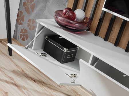 Set mobila living, suspendata, prindere perete, cu riflaj inclus, usi deschidere prin apasare, vitrina cu led, stejar artisan -lamele riflaj negre/gri mat perlat, 220 cm lungime, Bortis impex [12]