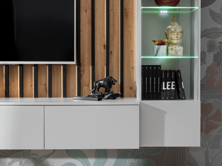 Set mobila living, suspendata, prindere perete, cu riflaj inclus, usi deschidere prin apasare, vitrina cu led, stejar artisan -lamele riflaj negre/gri mat perlat, 220 cm lungime, Bortis impex [16]