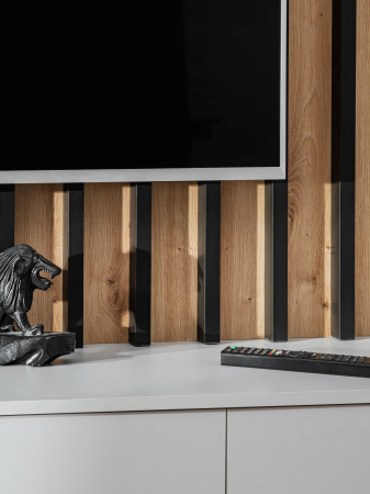 Set mobila living, suspendata, prindere perete, cu riflaj inclus, usi deschidere prin apasare, vitrina cu led, stejar artisan -lamele riflaj negre/gri mat perlat, 220 cm lungime, Bortis impex [10]