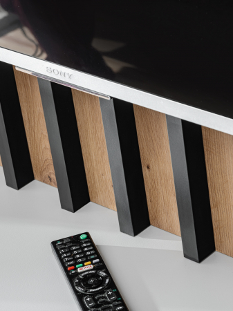 Set mobila living, suspendata, prindere perete, cu riflaj inclus, usi deschidere prin apasare, vitrina cu led, stejar artisan -lamele riflaj negre/gri mat perlat, 220 cm lungime, Bortis impex [8]