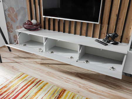 Set mobila living, suspendata, prindere perete, cu riflaj inclus, usi deschidere prin apasare, vitrina cu led, stejar artisan -lamele riflaj negre/gri mat perlat, 220 cm lungime, Bortis impex [13]