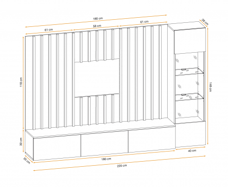 Set mobila living, suspendata, prindere perete, cu riflaj inclus, usi deschidere prin apasare, vitrina cu led, stejar artisan -lamele riflaj negre/gri mat perlat, 220 cm lungime, Bortis impex [3]