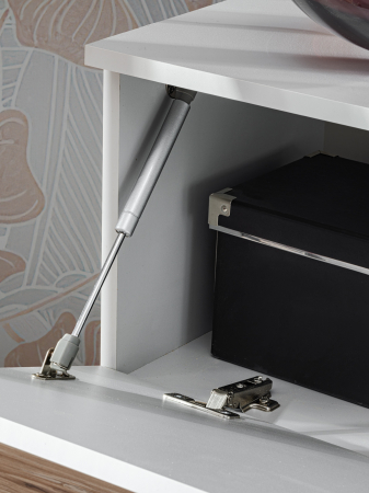 Set mobila living, suspendata, prindere perete, cu riflaj inclus, usi deschidere prin apasare, vitrina cu led, stejar artisan -lamele riflaj negre/gri mat perlat, 220 cm lungime, Bortis impex [11]
