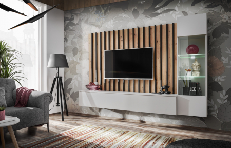 Set mobilier Living - Set mobila living, suspendata, prindere perete, cu riflaj inclus, usi deschidere prin apasare, vitrina cu led, stejar artisan -lamele riflaj negre/gri mat perlat, 220 cm lungime, Bortis impex