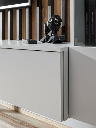 Set mobila living, suspendata, prindere perete, cu riflaj inclus, usi deschidere prin apasare, vitrina cu led, stejar artisan -lamele riflaj negre/gri mat perlat, 220 cm lungime, Bortis impex [15]