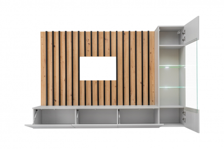Set mobila living, suspendata, prindere perete, cu riflaj inclus, usi deschidere prin apasare, vitrina cu led, stejar artisan -lamele riflaj negre/gri mat perlat, 220 cm lungime, Bortis impex [1]