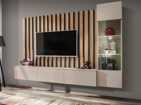 Living - Set mobila living, suspendata, prindere perete, cu riflaj inclus, usi deschidere prin apasare, vitrina cu led, stejar artisan-negru lamelele/casmir bej , 220 cm lungime, Bortis impex