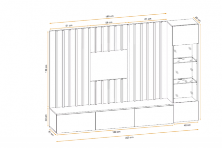 Set mobila living, suspendata, prindere perete, cu riflaj inclus, usi deschidere prin apasare, vitrina cu led, stejar artisan-negru lamelele/casmir bej , 220 cm lungime, Bortis impex [4]