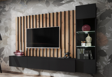 Toate Produsele - Set mobila living, suspendata, prindere perete, cu riflaj inclus, usi deschidere prin apasare, vitrina cu led, stejar artisan/negru mat, 220 cm lungime, Bortis impex