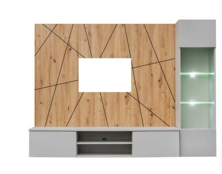 Set mobila living, suspendata, prindere perete, cu spatiu pe mijloc, usi deschidere prin apasare, vitrina cu led, stejar artisan -dungi negre/gri mat perlat, 220 cm lungime, Bortis impex [1]