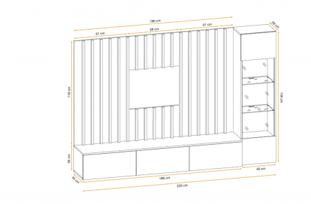 Set mobila living, suspendata, prindere perete, cu spatiu pe mijloc, usi deschidere prin apasare, vitrina cu led, stejar artisan -dungi negre/gri mat perlat, 220 cm lungime, Bortis impex [5]