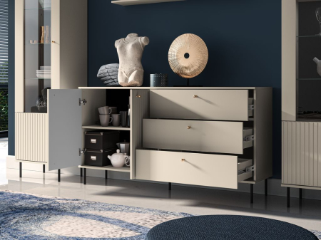 Set mobila sufragerie living , mdf/ pal casmir, usi stil riflaj cu caneluri, lumini led vitrine, soft close, abs, 2xvitrine+ comoda +raft,fara masuta cafea model deosebit [4]