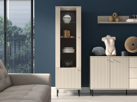 Set mobila sufragerie living , mdf/ pal casmir, usi stil riflaj cu caneluri, lumini led vitrine, soft close, abs,  2xvitrine+ comoda +raft+masa cafea, model deosebit [12]