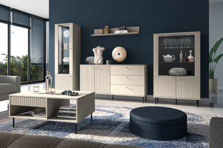 Mobilier clasic/rustic/vintage - Set mobila sufragerie living , mdf/ pal casmir, usi stil riflaj cu caneluri, lumini led vitrine, soft close, abs,  2xvitrine+ comoda +raft+masa cafea, model deosebit