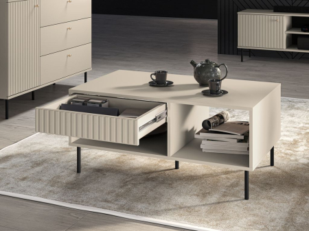 Set mobila sufragerie living , mdf/ pal casmir, usi stil riflaj cu caneluri, lumini led vitrine, soft close, abs,  2xvitrine+ comoda +raft+masa cafea, model deosebit [16]