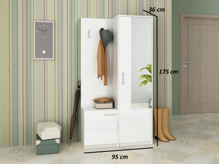 Set mobilier cuier de hol cu dulap pantofar, alb lucios, usi cu inchidere silentioasa, 95 cm x 175cm x36cm, Bortis Impex [2]