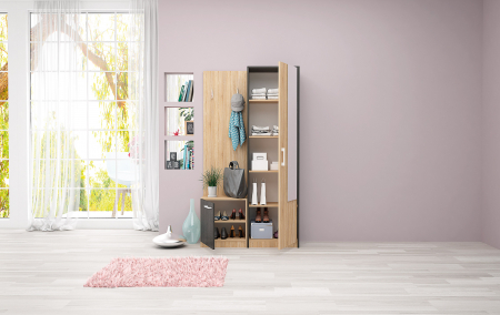 Set mobilier cuier de hol cu dulap pantofar, stejar sonoma/stejar carbon, usi cu inchidere silentioasa, 95 cm x 175cm x36cm, Bortis Impex [1]