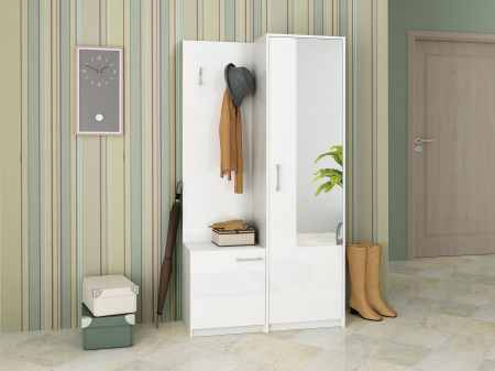 Set mobilier cuier de hol cu dulap pantofar, alb lucios, usi cu inchidere silentioasa, 95 cm x 175cm x36cm, Bortis Impex [3]