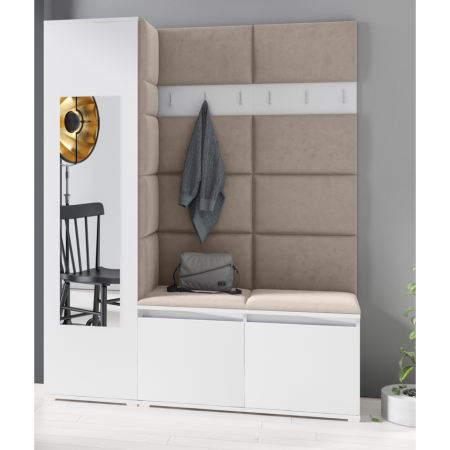 Seturi hol cuiere - Set mobilier hol, 185x145x40 cm, panouri tapitate, agatatori incluse, pantofar si dulap, stofa maro deschis/alb, Bortis Impex