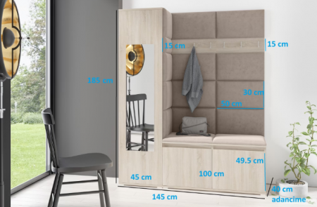 Set mobilier hol, 185x145x40 cm, panouri tapitate, agatatori incluse, pantofar si dulap, stofa maro deschis/stejar sonoma, Bortis Impex [2]