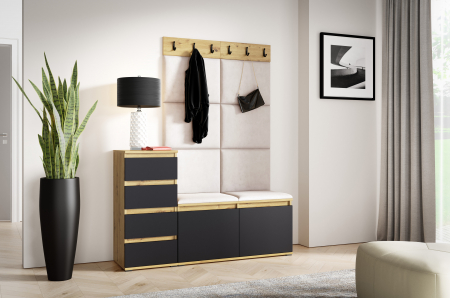 Set mobilier Hol modern cu panouri tapitate - Set Mobilier hol cuier , 6 agatatori, modern cu panouri tapitate , pantofar si comoda , 130 cm lungime x 40 cm adancime x 185 cm inaltime, negru-stejar artisan/crem