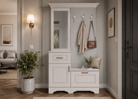 Mobilier Hol/Cuiere - Set mobilier hol cuier casmir, oglinda, bancă și panou tapitat, pal si mdf, 113,5 cm lungime  x 44 cm adancime x 210 cm, Bortis Impex