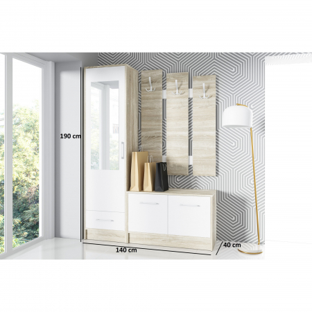 Set mobilier hol, cuier cu pantofar si dulap, alb/stejar sonoma, 190x140x40 cm, Bortis Impex [1]