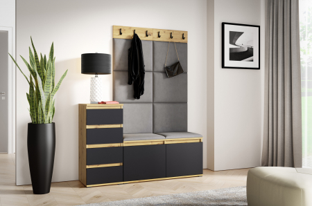 Set mobilier Hol modern cu panouri tapitate - Set Mobilier hol cuier , modern cu  panouri tapitate , pantofar si comoda , 130 cm lungime x 40 cm adancime x 185 cm inaltime, negru-stejar artisa/gri cenusiu,