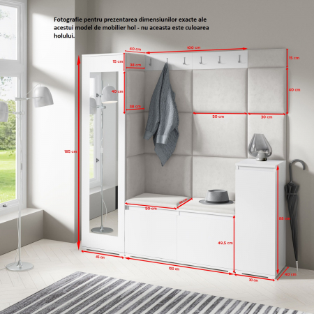 Set mobilier hol-panouri tapitate,175 cm lungime ,agatatori incluse, pantofar si dulap cu oglinda, stofa crem deschis/stejar artisan -negru, Bortis Impex [3]