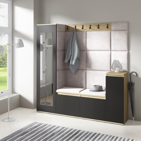 Set mobilier Hol modern cu panouri tapitate - Set mobilier hol-panouri tapitate,175 cm lungime ,agatatori incluse, pantofar si dulap cu oglinda, stofa crem deschis/stejar artisan -negru, Bortis Impex