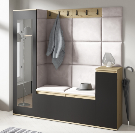 Set mobilier hol-panouri tapitate,175 cm lungime ,agatatori incluse, pantofar si dulap cu oglinda, stofa crem deschis/stejar artisan -negru, Bortis Impex [4]